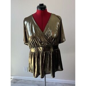 Torrid NWT Shiny Gold Blouse‎ Short Sleeve V Neck Women Junior Plus Size 2 #573